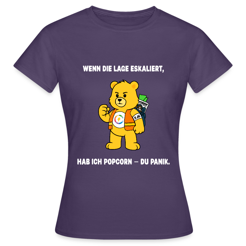 Paulchens Lage-Shirt – „Wenn die Lage eskaliert, hab ich Popcorn – du Panik.“ (Women’s Fit)